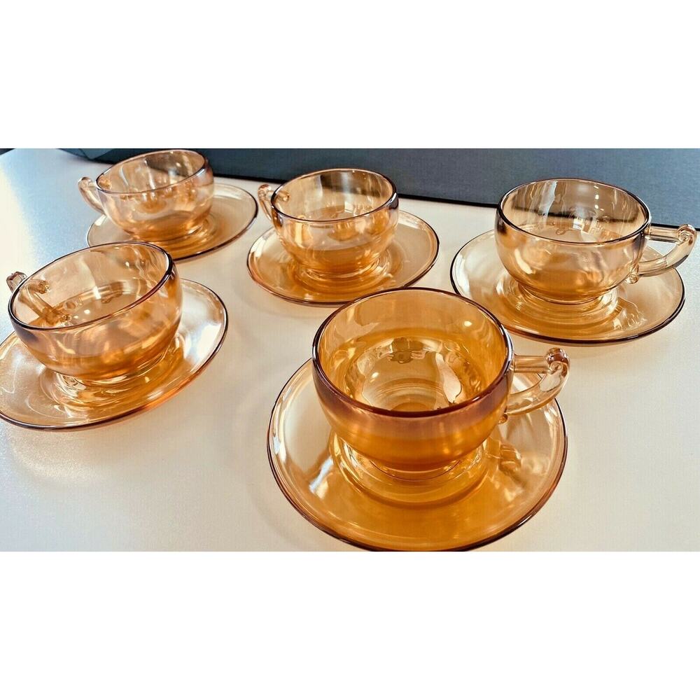 Vintage Jeanette Marigold Carnival Glass Iridescent Camellia 5 Teacups/Saucers - Picture 10 of 11